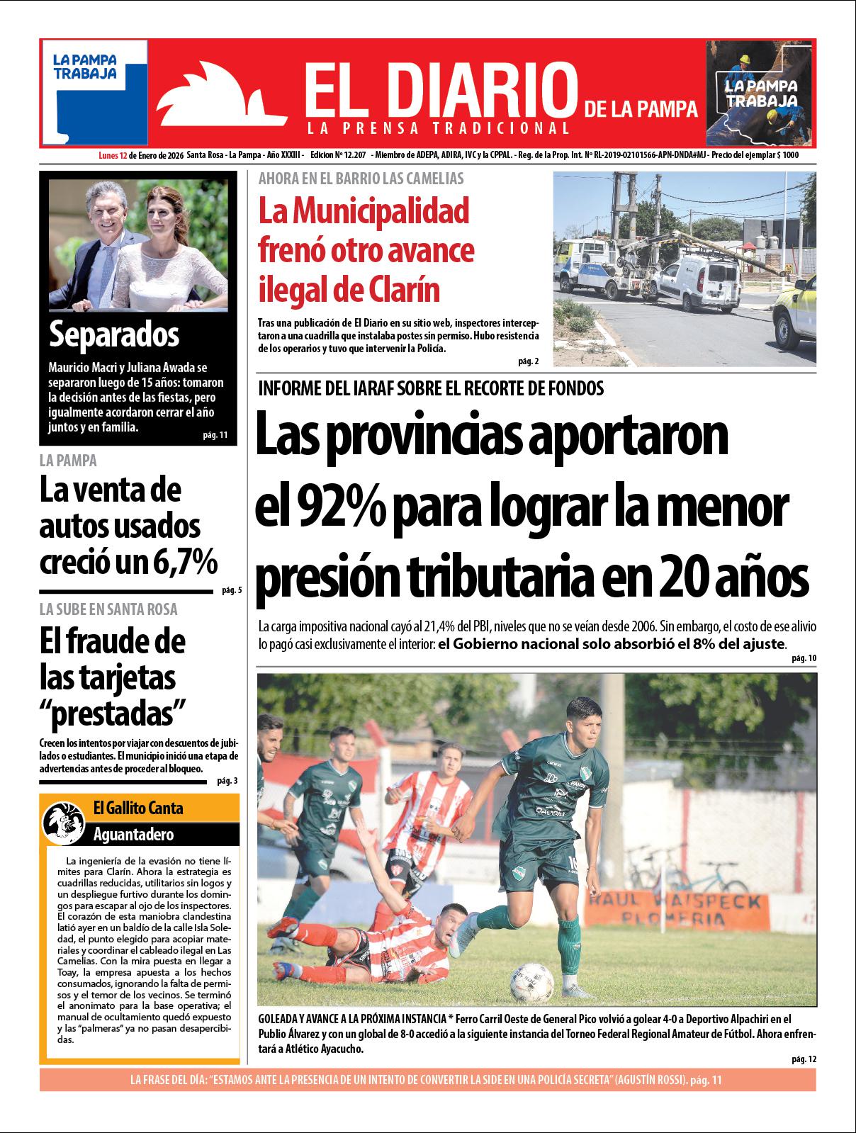 Tapa de El Diario en papel  lunes 12 de enero de 2026